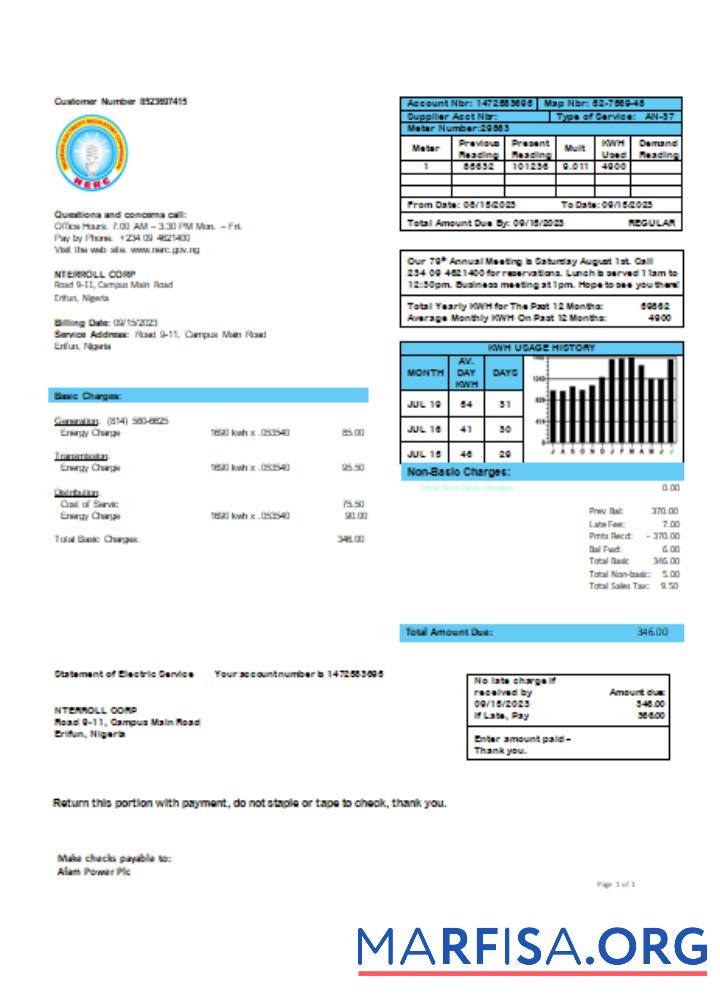 Blank Nigerian Electricity Regulatory Commission electricity business utility bill, SCR download for verification